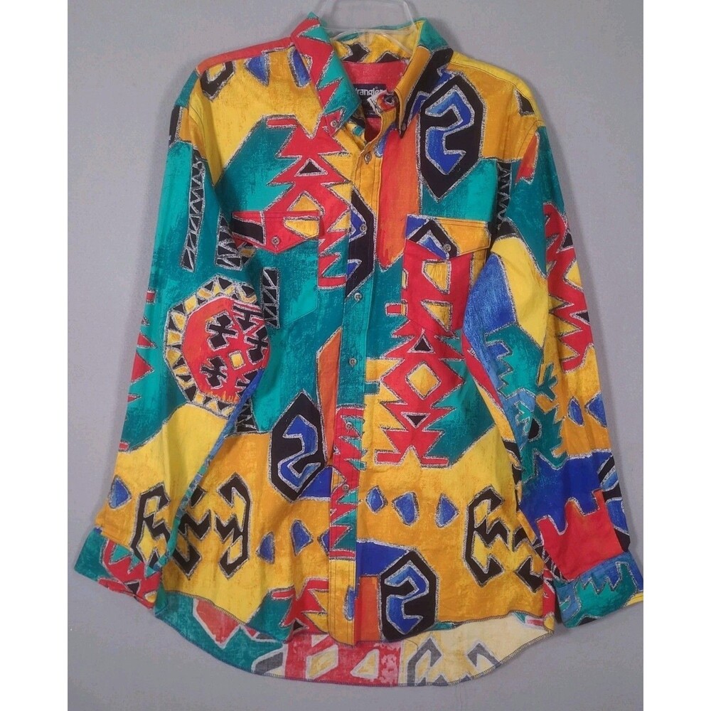 Rare Vtg 90s Wrangler Brushpopper Shirt Mens 17-35 Aztec Western Made In USA Y2K